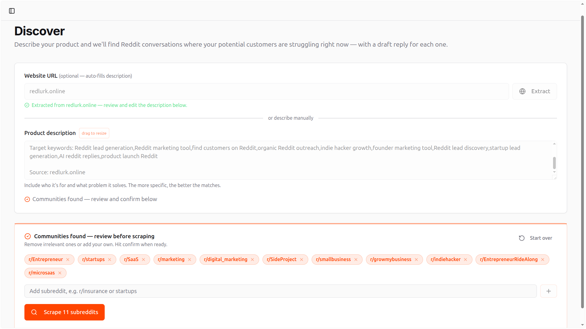RedLurk discover page — product description form and subreddit confirmation step