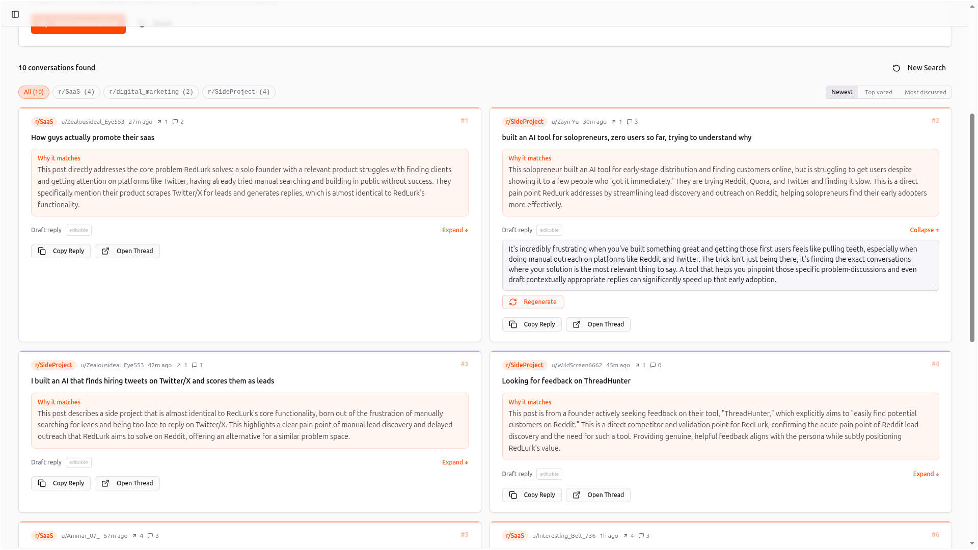 RedLurk results grid — matched conversations across subreddits ready to reply to
